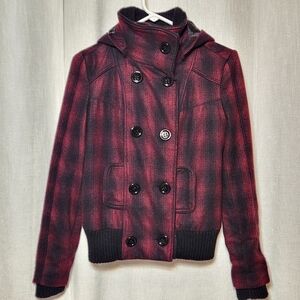 BDG Coat Wool Blend Red Black Plaid Size Small Ribbed Cuffs Collar Waist